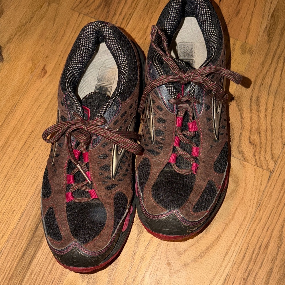 Brown and Black Athletic Sneakers with Pink Accents